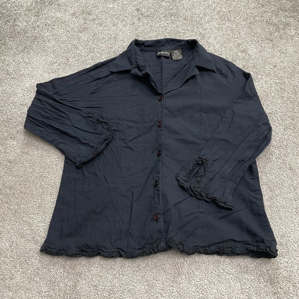 Granite Cotton Ruffle Button Down Blouse Womens Small Navy Blue Long Sleeve Top